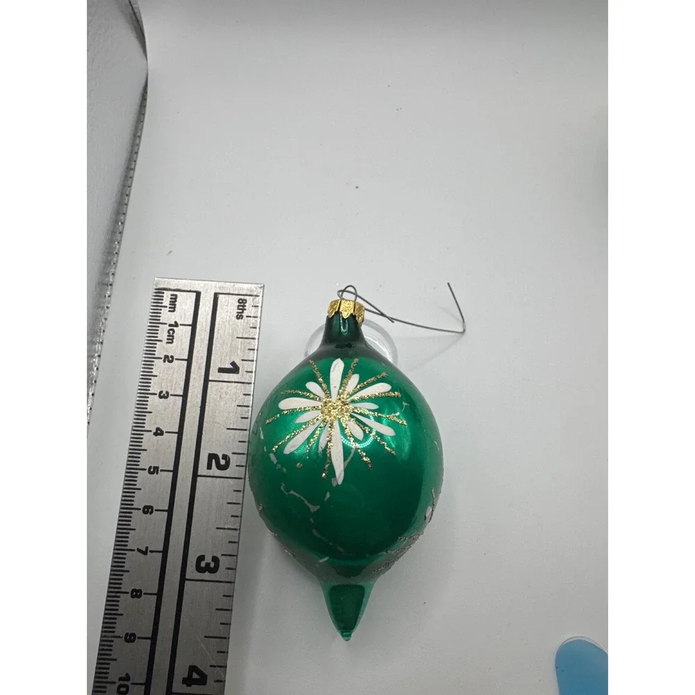 Vintage Green Glass Teardrop Christmas Ornaments Gold Glitter Floral Set of 2